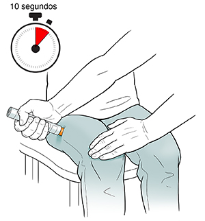 Mano de un adulto inyectando una EpiPen en el muslo de un niño.